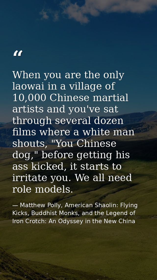 When you are the only laowai in a village of 10,000 Chinese martial artists and you've sat through several dozen films w — Matthew Polly, American Shaolin: Flying Kicks, Buddhist Monks, and the Legend of Iron Crotch: An Odyssey in the New China