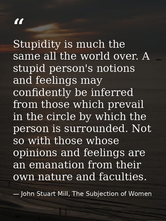 Stupidity is much the same all the world over. A stupid person's notions and feelings may confidently be inferred from t — John Stuart Mill, The Subjection of Women