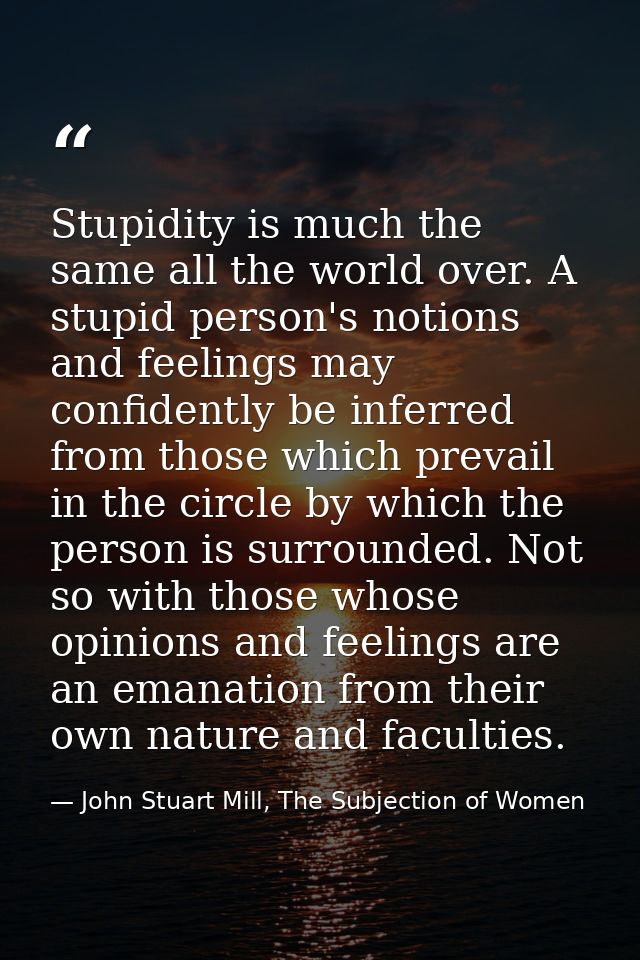 Stupidity is much the same all the world over. A stupid person's notions and feelings may confidently be inferred from t — John Stuart Mill, The Subjection of Women