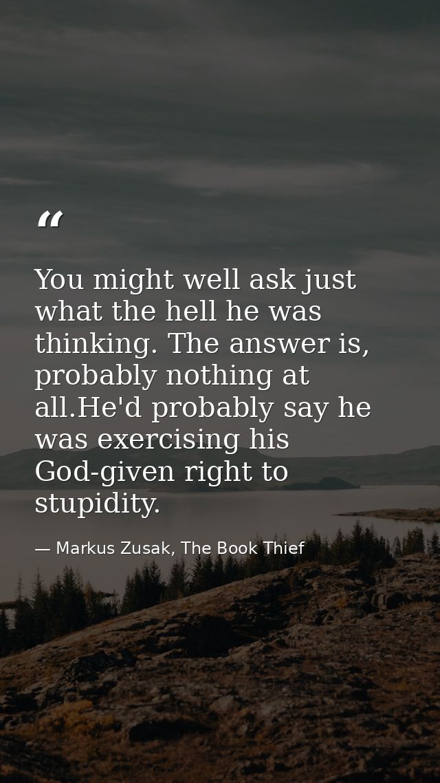 You might well ask just what the hell he was thinking. The answer is, probably nothing at all.He'd probably say he was e — Markus Zusak, The Book Thief