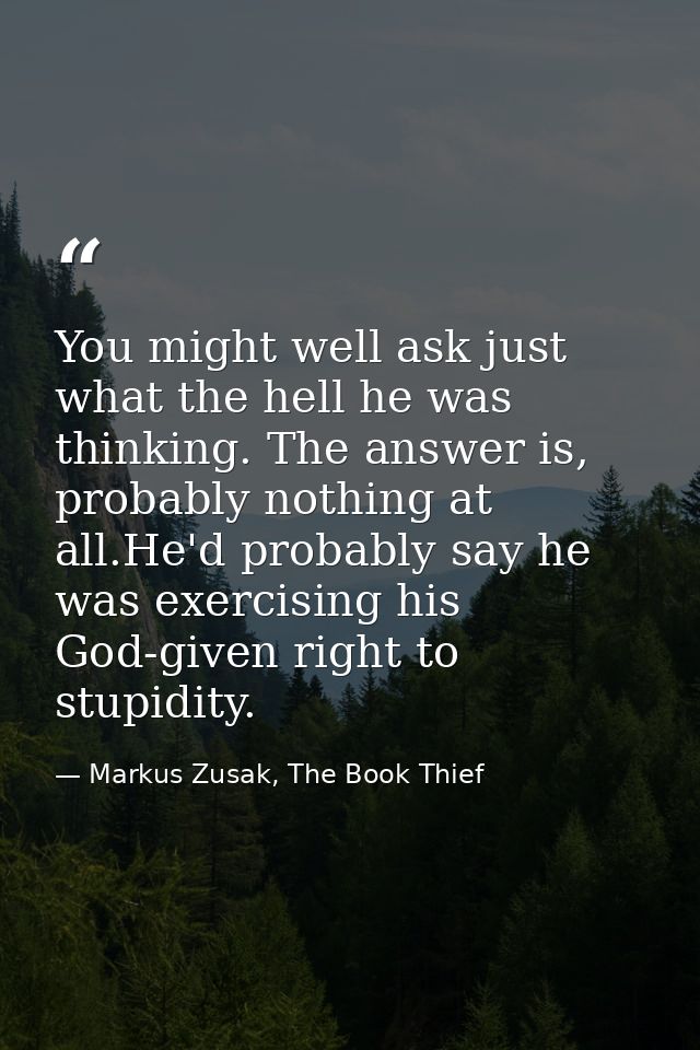 You might well ask just what the hell he was thinking. The answer is, probably nothing at all.He'd probably say he was e — Markus Zusak, The Book Thief
