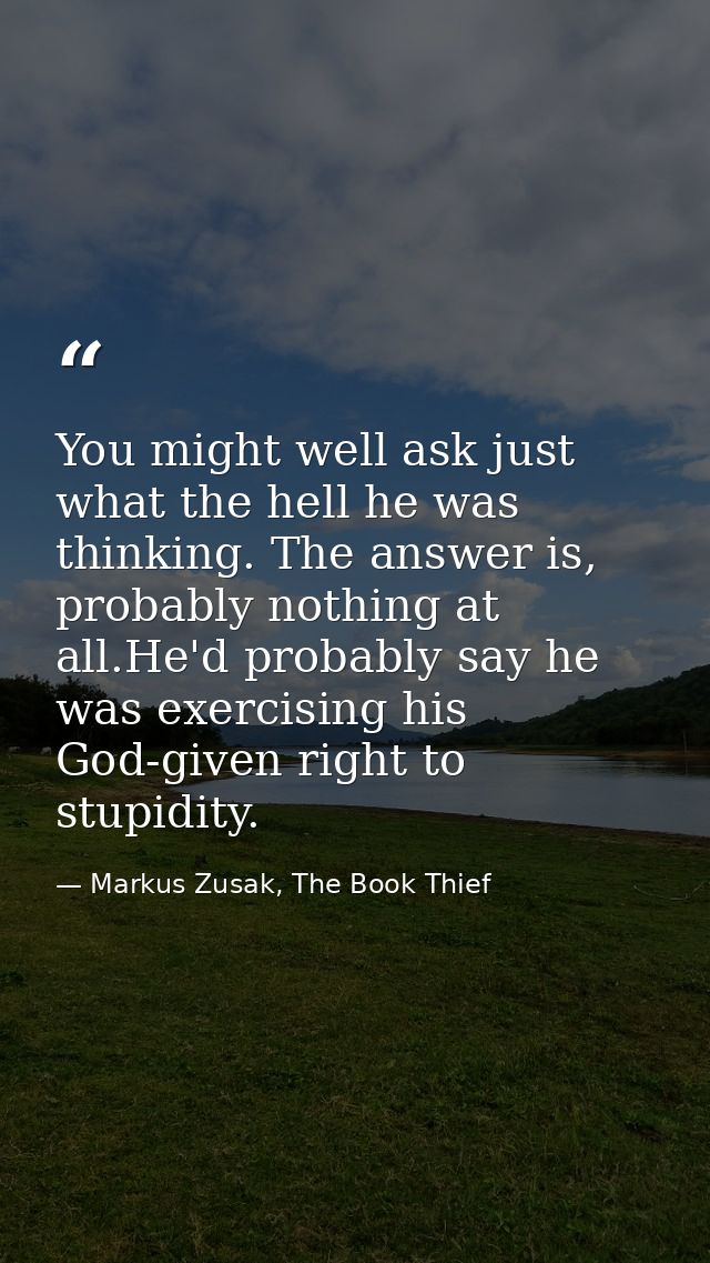 You might well ask just what the hell he was thinking. The answer is, probably nothing at all.He'd probably say he was e — Markus Zusak, The Book Thief