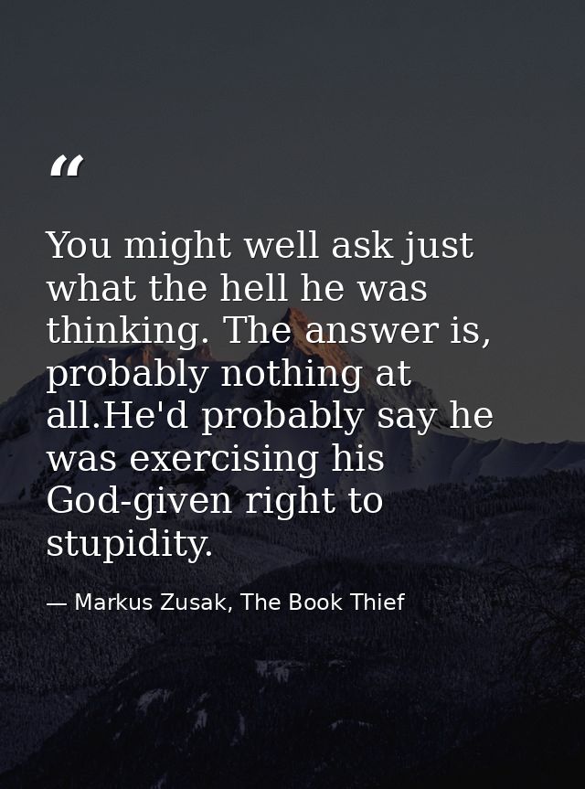 You might well ask just what the hell he was thinking. The answer is, probably nothing at all.He'd probably say he was e — Markus Zusak, The Book Thief
