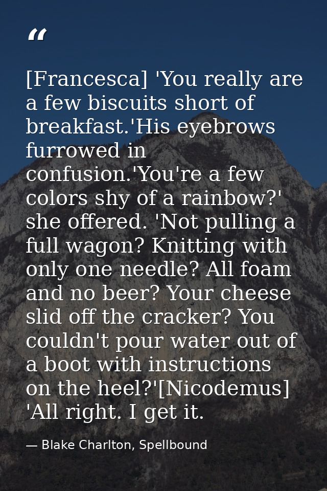 [Francesca] 'You really are a few biscuits short of breakfast.'His eyebrows furrowed in confusion.'You're a few colors s — Blake Charlton, Spellbound