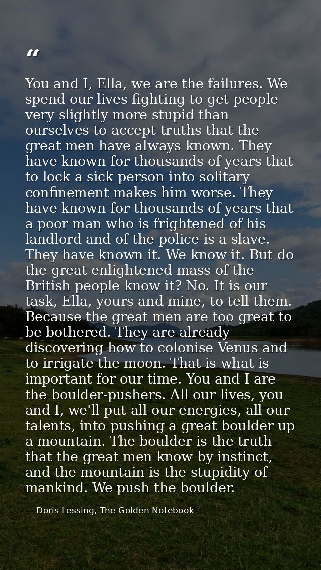 You and I, Ella, we are the failures. We spend our lives fighting to get people very slightly more stupid than ourselves — Doris Lessing, The Golden Notebook