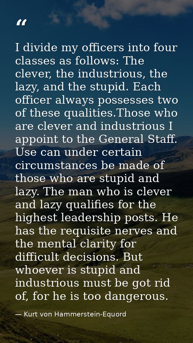 I divide my officers into four classes as follows: The clever, the industrious, the lazy, and the stupid. Each officer a — Kurt von Hammerstein-Equord