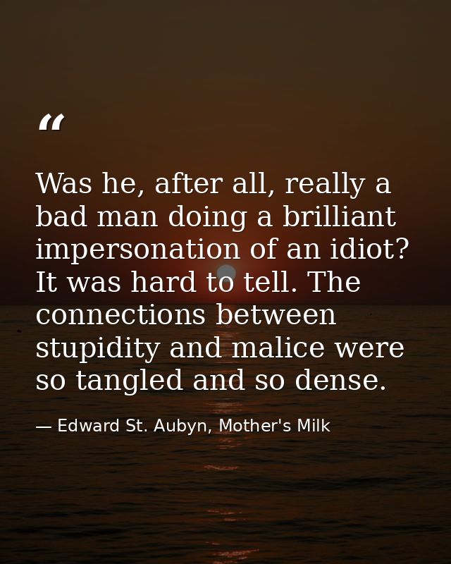 Was he, after all, really a bad man doing a brilliant impersonation of an idiot? It was hard to tell. The connections be — Edward St. Aubyn, Mother's Milk