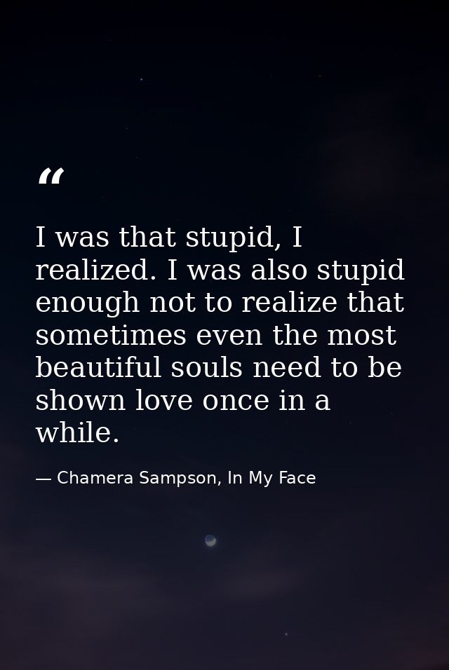 I was that stupid, I realized. I was also stupid enough not to realize that sometimes even the most beautiful souls need — Chamera Sampson, In My Face