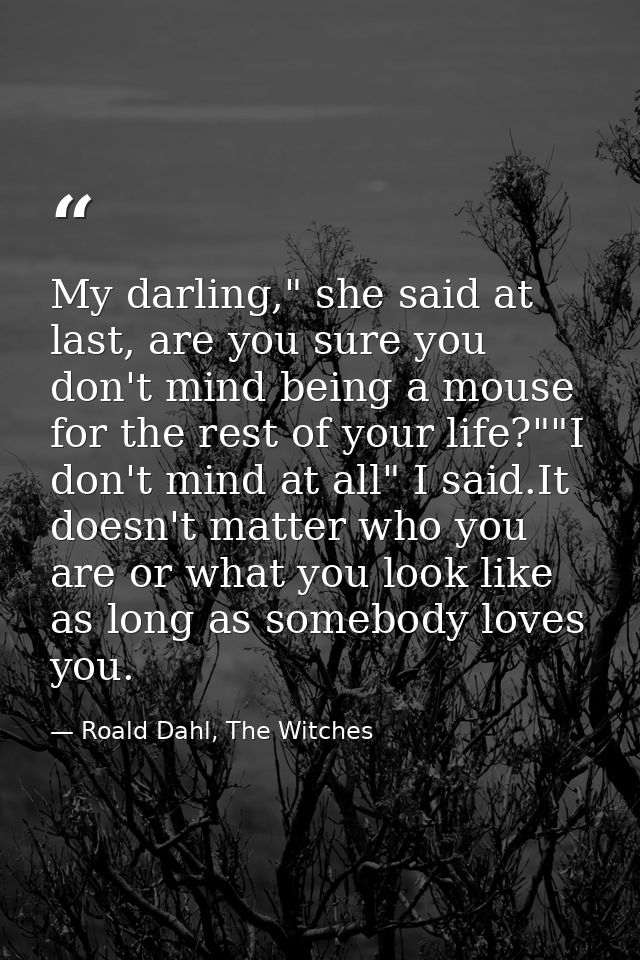 My darling," she said at last, are you sure you don't mind being a mouse for the rest of your life?""I don't mind at all — Roald Dahl, The Witches