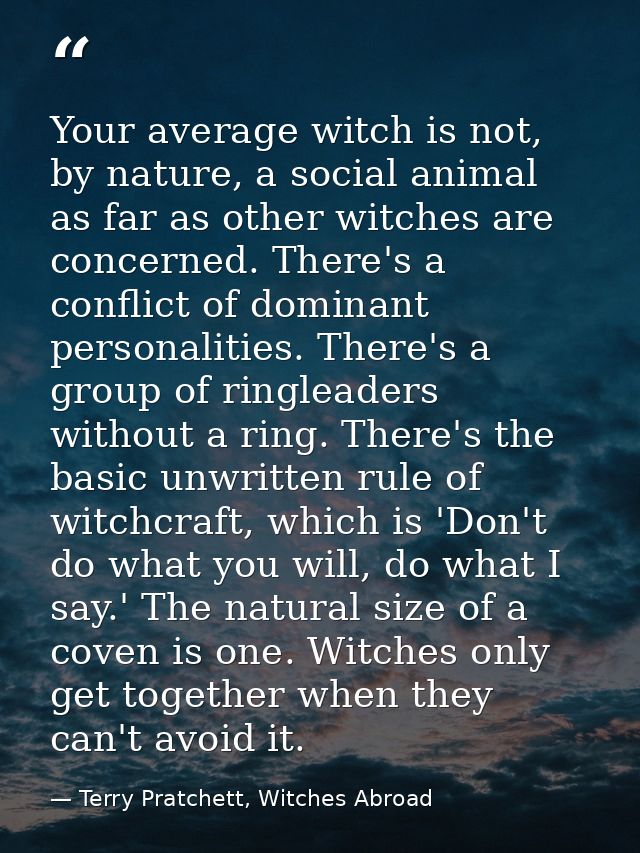 Your average witch is not, by nature, a social animal as far as other witches are concerned. There's a conflict of domin — Terry Pratchett, Witches Abroad