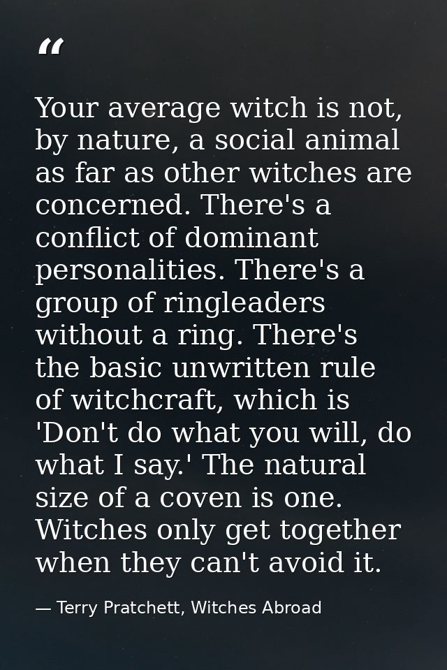 Your average witch is not, by nature, a social animal as far as other witches are concerned. There's a conflict of domin — Terry Pratchett, Witches Abroad