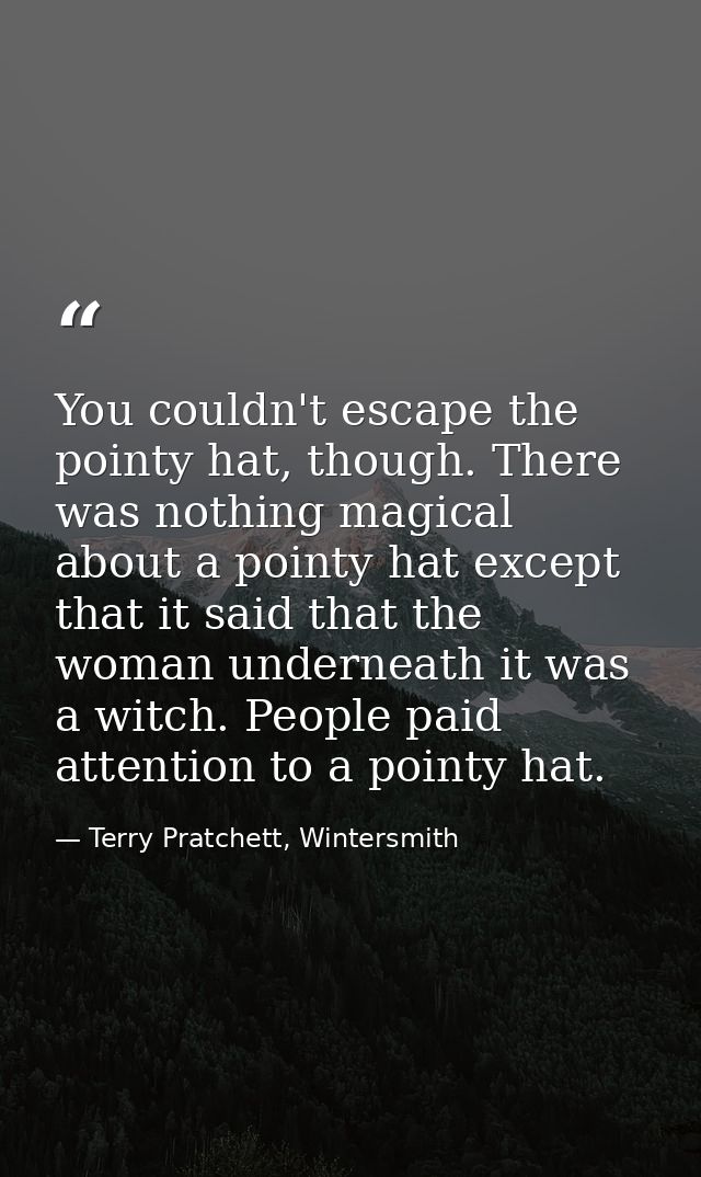 You couldn't escape the pointy hat, though. There was nothing magical about a pointy hat except that it said that the wo — Terry Pratchett, Wintersmith