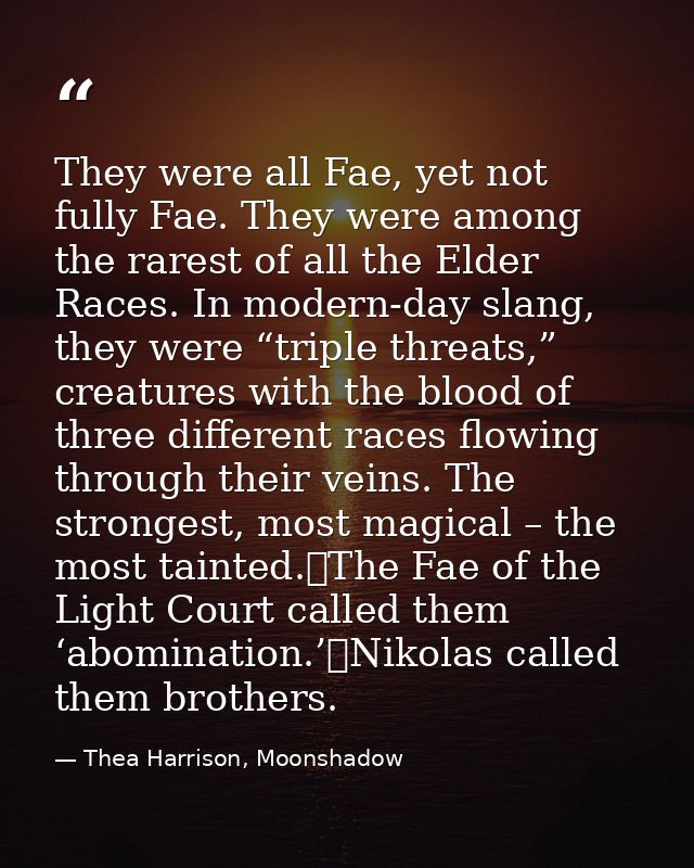 They were all Fae, yet not fully Fae. They were among the rarest of all the Elder Races. In modern-day slang, they were  — Thea Harrison, Moonshadow