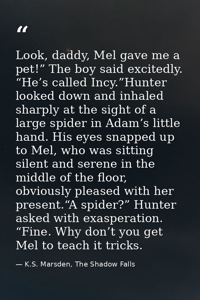 Look, daddy, Mel gave me a pet!” The boy said excitedly. “He’s called Incy.”Hunter looked down and inhaled sharply at th — K.S. Marsden, The Shadow Falls