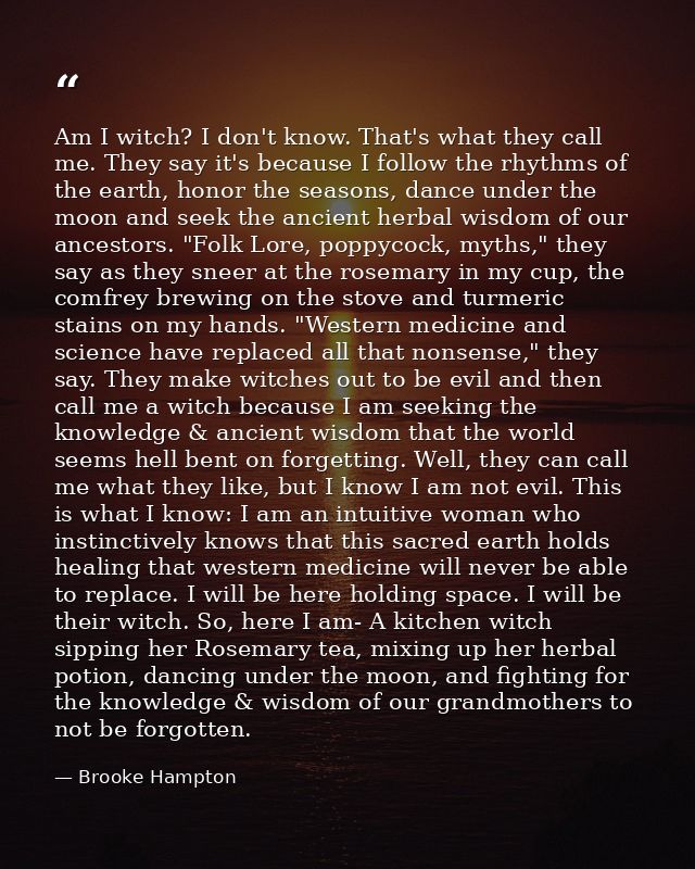Am I witch? I don't know. That's what they call me. They say it's because I follow the rhythms of the earth, honor the s — Brooke Hampton