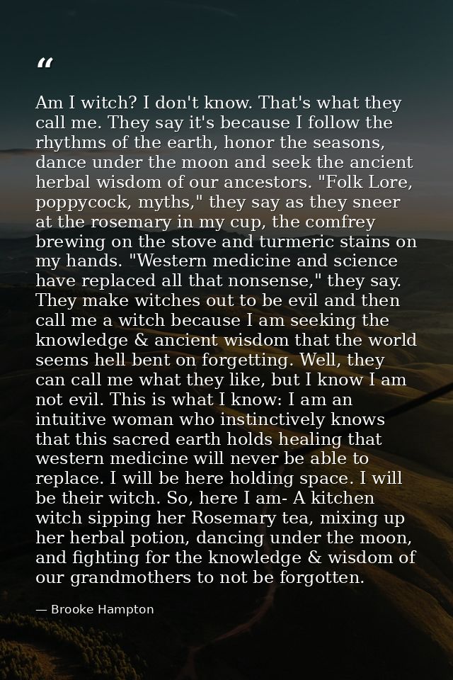 Am I witch? I don't know. That's what they call me. They say it's because I follow the rhythms of the earth, honor the s — Brooke Hampton