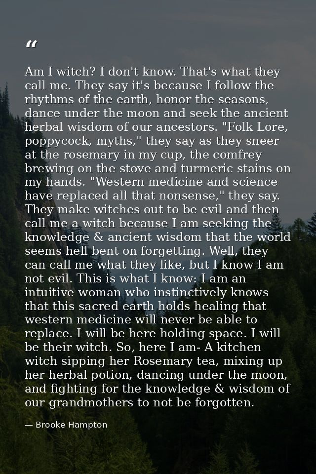 Am I witch? I don't know. That's what they call me. They say it's because I follow the rhythms of the earth, honor the s — Brooke Hampton