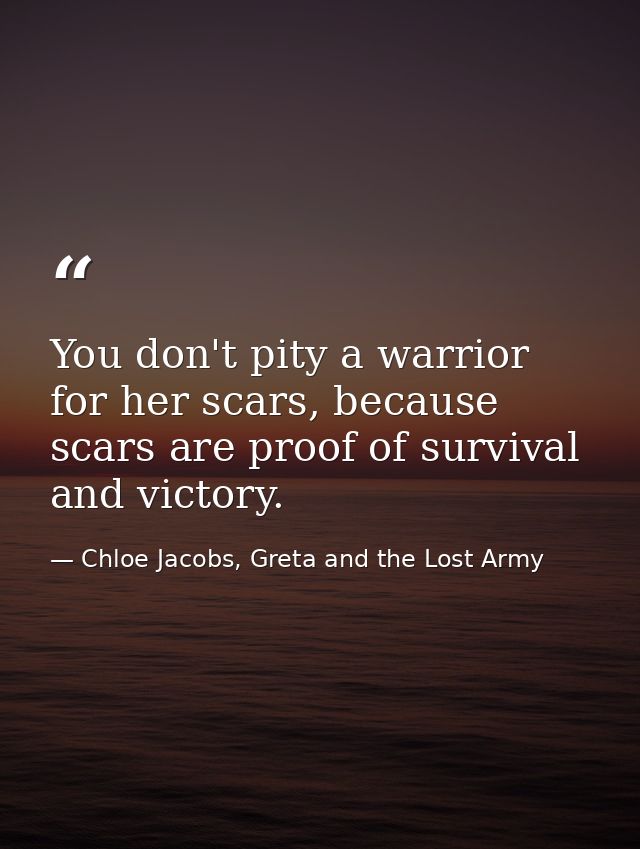 You don't pity a warrior for her scars, because scars are proof of survival and victory. — Chloe Jacobs, Greta and the Lost Army