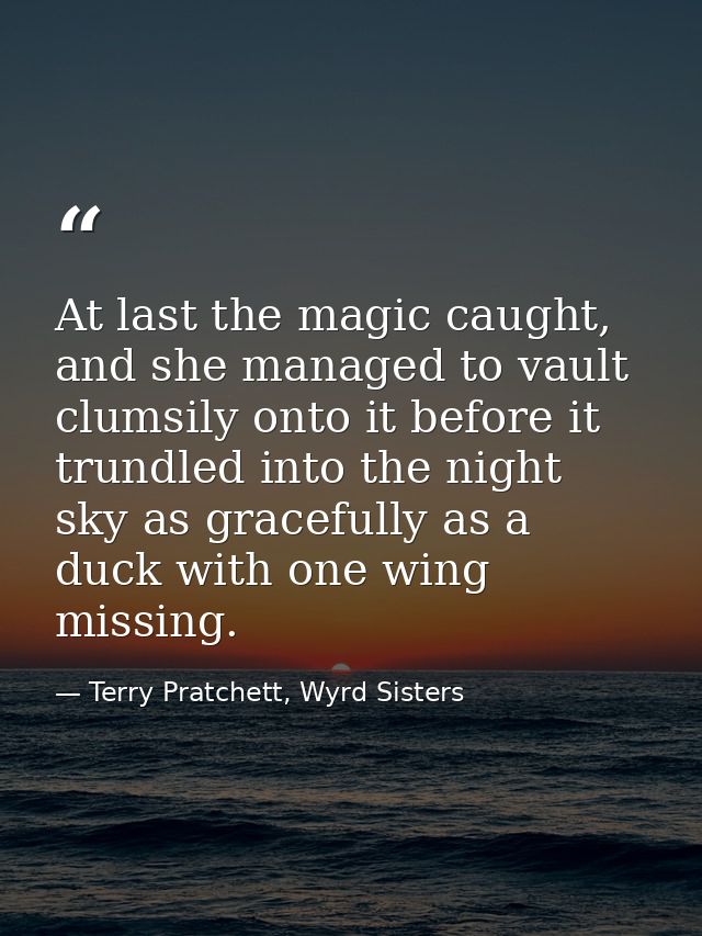 At last the magic caught, and she managed to vault clumsily onto it before it trundled into the night sky as gracefully  — Terry Pratchett, Wyrd Sisters