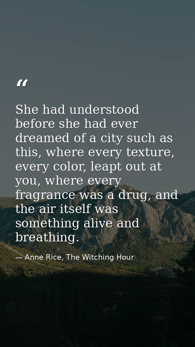 She had understood before she had ever dreamed of a city such as this, where every texture, every color, leapt out at yo — Anne Rice, The Witching Hour