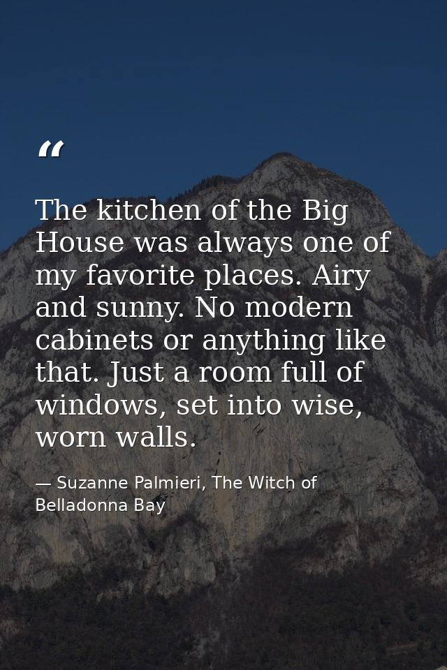 The kitchen of the Big House was always one of my favorite places. Airy and sunny. No modern cabinets or anything like t — Suzanne Palmieri, The Witch of Belladonna Bay