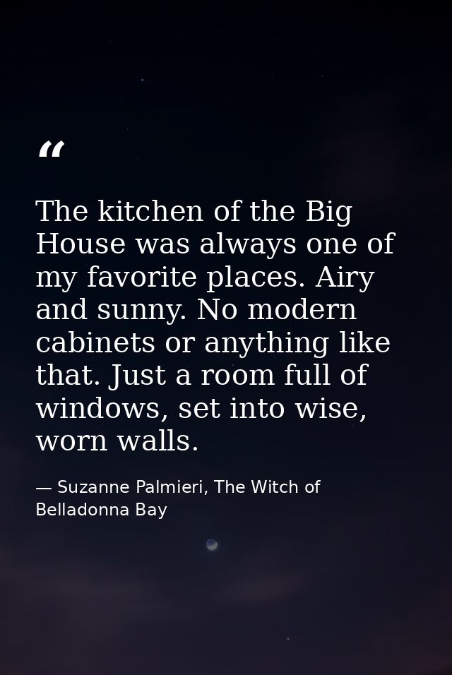 The kitchen of the Big House was always one of my favorite places. Airy and sunny. No modern cabinets or anything like t — Suzanne Palmieri, The Witch of Belladonna Bay