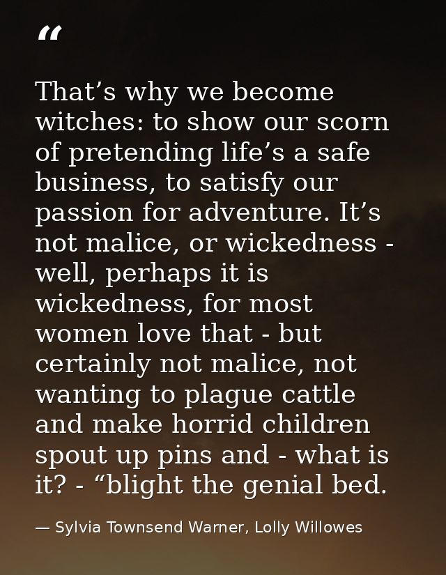 That’s why we become witches: to show our scorn of pretending life’s a safe business, to satisfy our passion for adventu — Sylvia Townsend Warner, Lolly Willowes