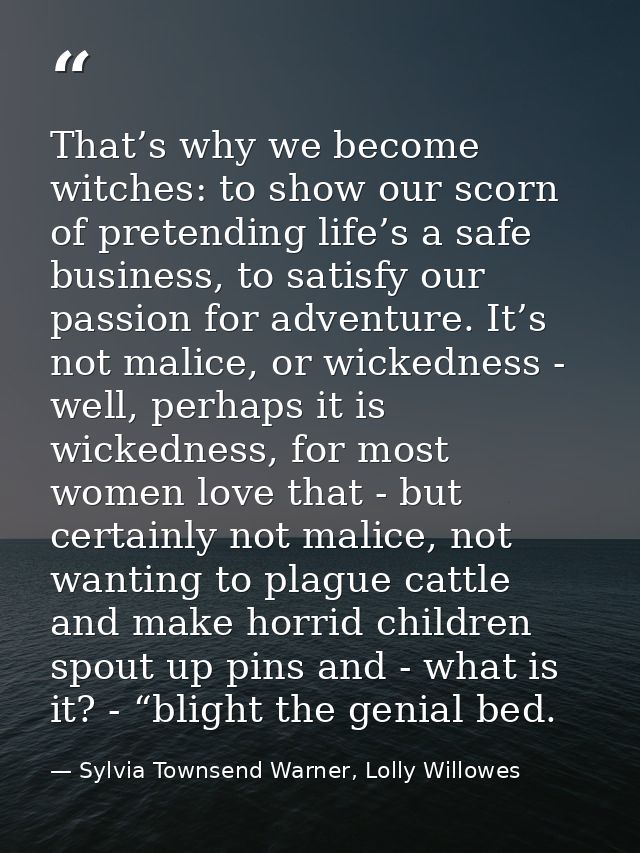 That’s why we become witches: to show our scorn of pretending life’s a safe business, to satisfy our passion for adventu — Sylvia Townsend Warner, Lolly Willowes