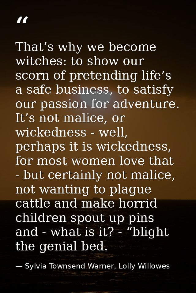 That’s why we become witches: to show our scorn of pretending life’s a safe business, to satisfy our passion for adventu — Sylvia Townsend Warner, Lolly Willowes