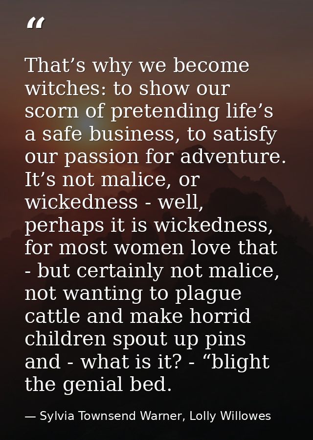 That’s why we become witches: to show our scorn of pretending life’s a safe business, to satisfy our passion for adventu — Sylvia Townsend Warner, Lolly Willowes
