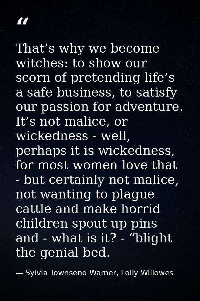 That’s why we become witches: to show our scorn of pretending life’s a safe business, to satisfy our passion for adventu — Sylvia Townsend Warner, Lolly Willowes