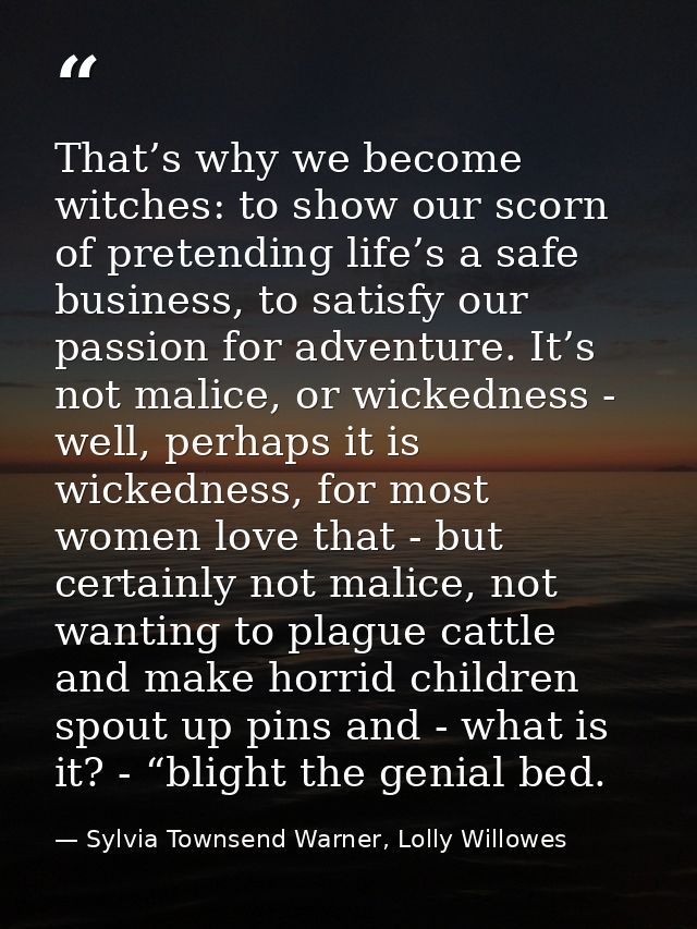 That’s why we become witches: to show our scorn of pretending life’s a safe business, to satisfy our passion for adventu — Sylvia Townsend Warner, Lolly Willowes