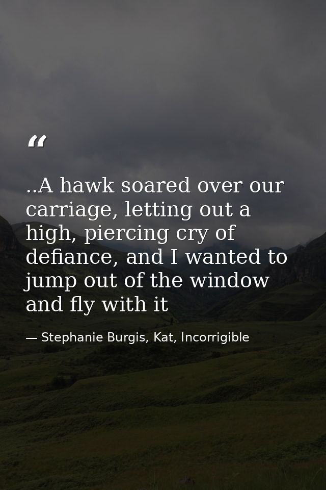 ..A hawk soared over our carriage, letting out a high, piercing cry of defiance, and I wanted to jump out of the window  — Stephanie Burgis, Kat, Incorrigible