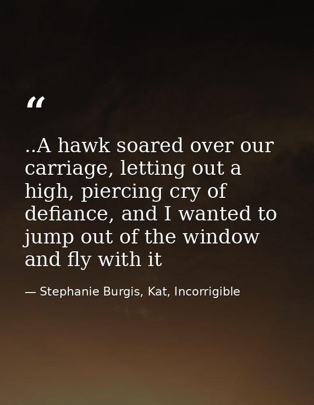 ..A hawk soared over our carriage, letting out a high, piercing cry of defiance, and I wanted to jump out of the window  — Stephanie Burgis, Kat, Incorrigible