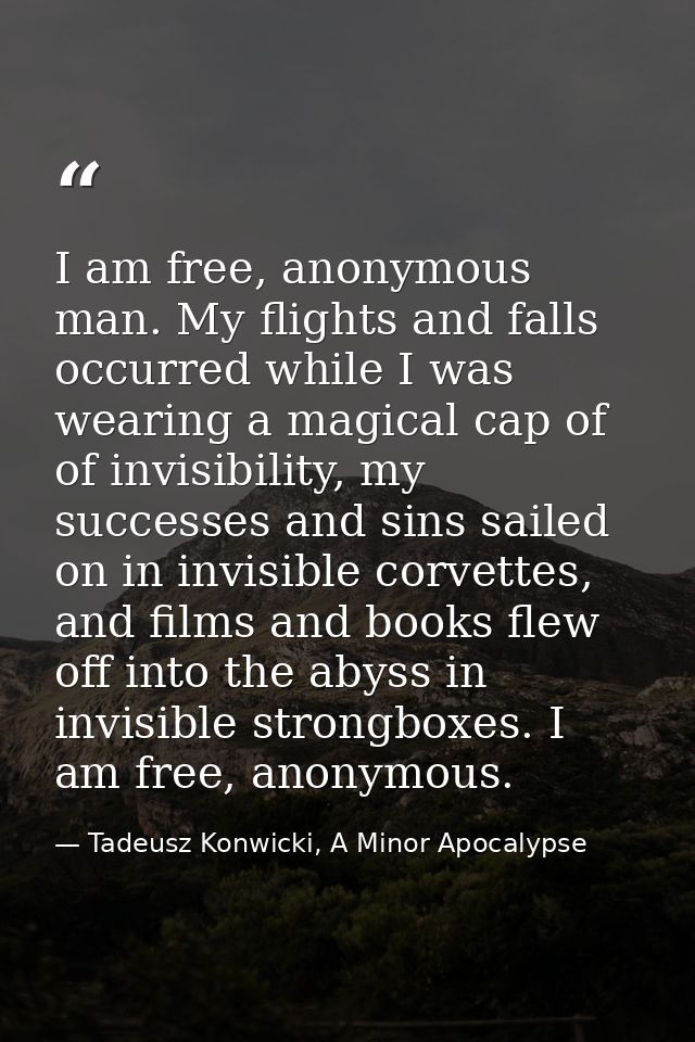 I am free, anonymous man. My flights and falls occurred while I was wearing a magical cap of of invisibility, my success — Tadeusz Konwicki, A Minor Apocalypse