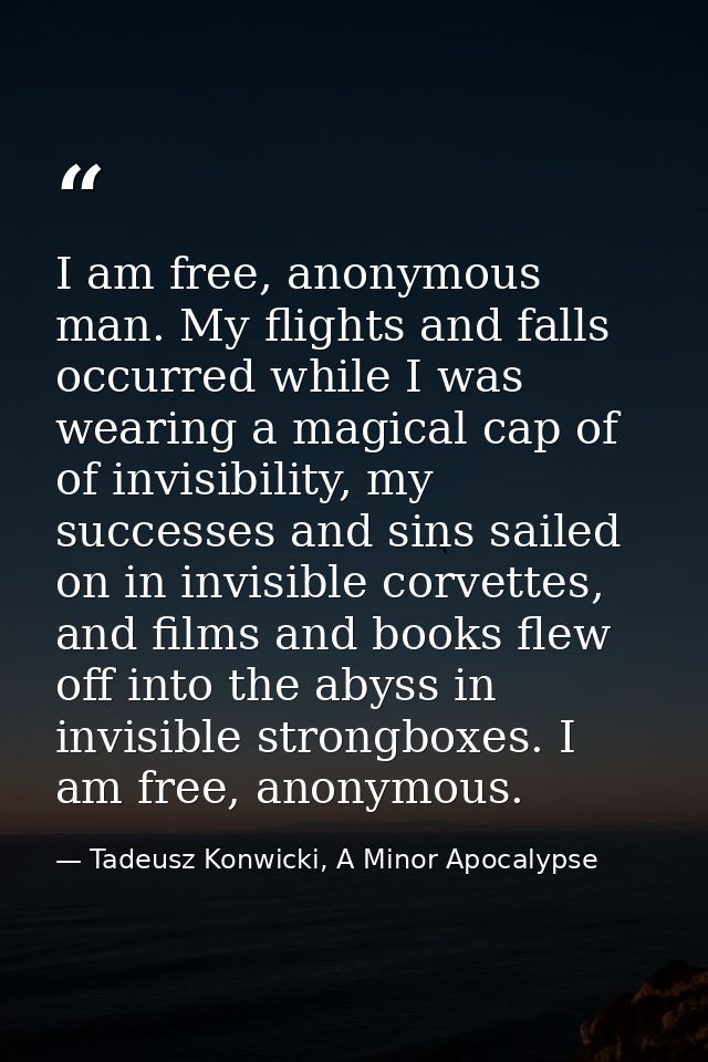 I am free, anonymous man. My flights and falls occurred while I was wearing a magical cap of of invisibility, my success — Tadeusz Konwicki, A Minor Apocalypse