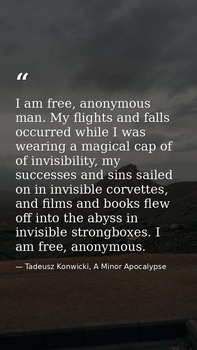 I am free, anonymous man. My flights and falls occurred while I was wearing a magical cap of of invisibility, my success — Tadeusz Konwicki, A Minor Apocalypse