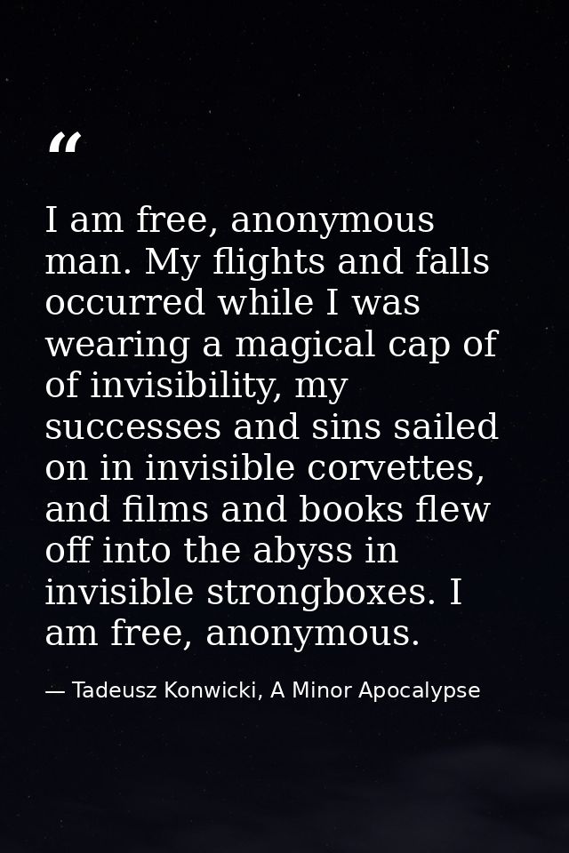 I am free, anonymous man. My flights and falls occurred while I was wearing a magical cap of of invisibility, my success — Tadeusz Konwicki, A Minor Apocalypse