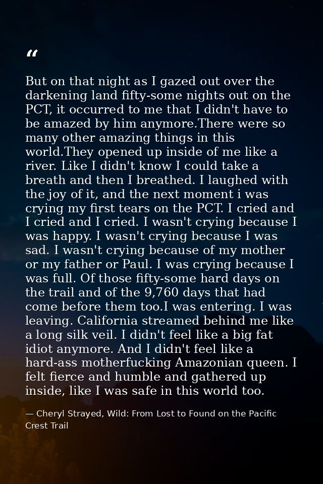 But on that night as I gazed out over the darkening land fifty-some nights out on the PCT, it occurred to me that I didn — Cheryl Strayed, Wild: From Lost to Found on the Pacific Crest Trail