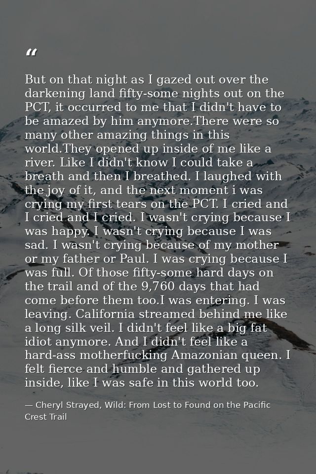 But on that night as I gazed out over the darkening land fifty-some nights out on the PCT, it occurred to me that I didn — Cheryl Strayed, Wild: From Lost to Found on the Pacific Crest Trail