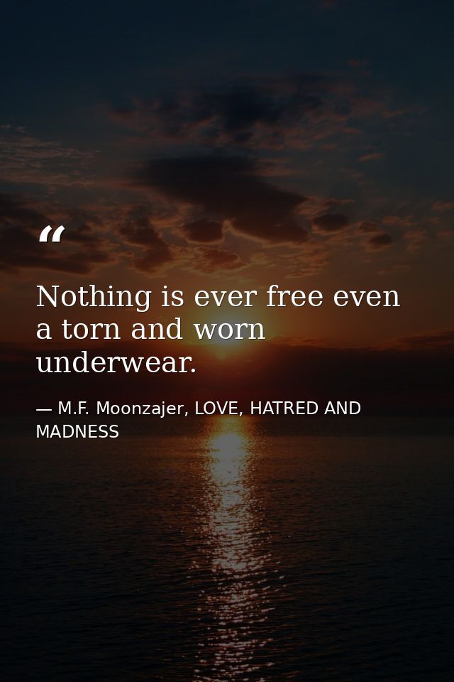 Nothing is ever free even a torn and worn underwear. — M.F. Moonzajer, LOVE, HATRED AND MADNESS
