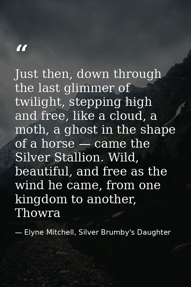 Just then, down through the last glimmer of twilight, stepping high and free, like a cloud, a moth, a ghost in the shape — Elyne Mitchell, Silver Brumby's Daughter