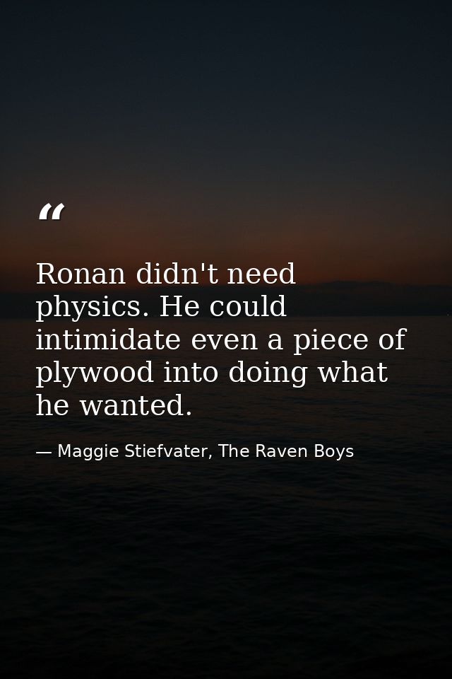 Ronan didn't need physics. He could intimidate even a piece of plywood into doing what he wanted. — Maggie Stiefvater, The Raven Boys