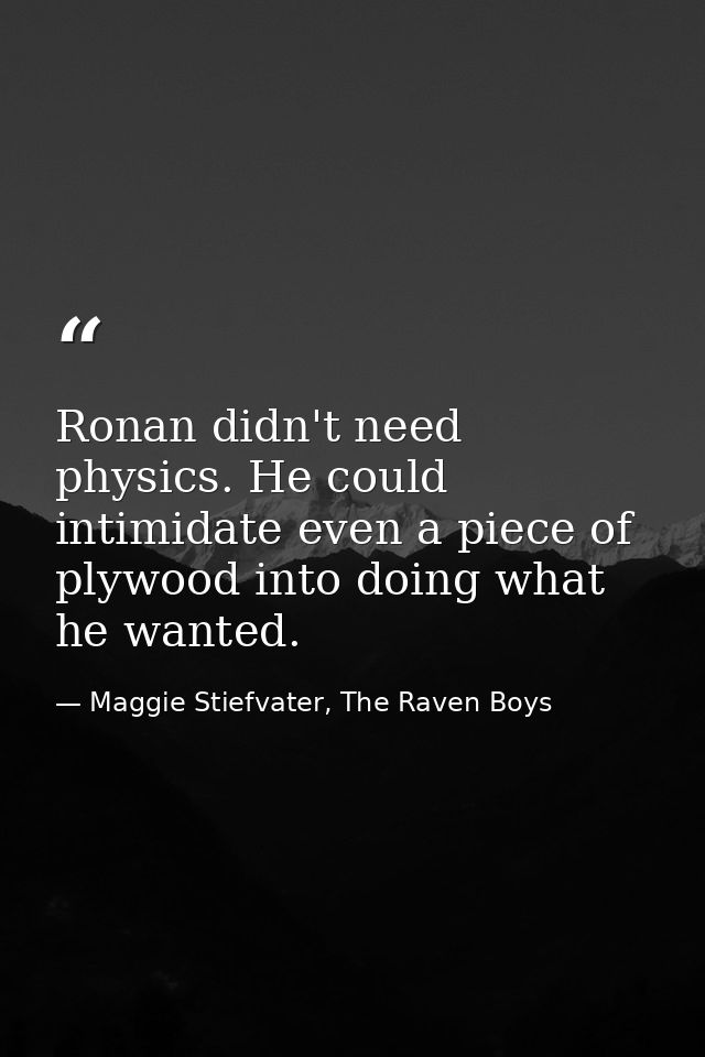 Ronan didn't need physics. He could intimidate even a piece of plywood into doing what he wanted. — Maggie Stiefvater, The Raven Boys