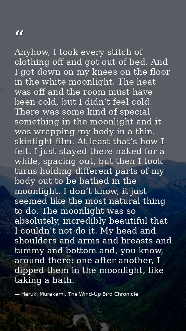 Anyhow, I took every stitch of clothing off and got out of bed. And I got down on my knees on the floor in the white moo — Haruki Murakami, The Wind-Up Bird Chronicle