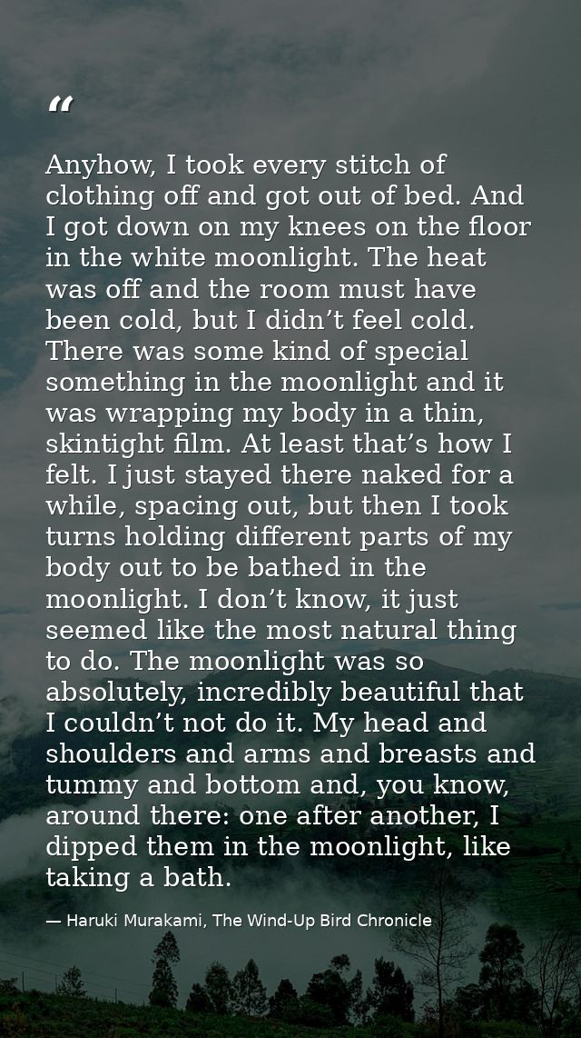 Anyhow, I took every stitch of clothing off and got out of bed. And I got down on my knees on the floor in the white moo — Haruki Murakami, The Wind-Up Bird Chronicle