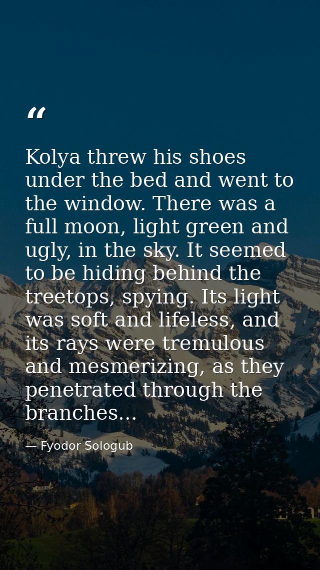Kolya threw his shoes under the bed and went to the window. There was a full moon, light green and ugly, in the sky. It  — Fyodor Sologub