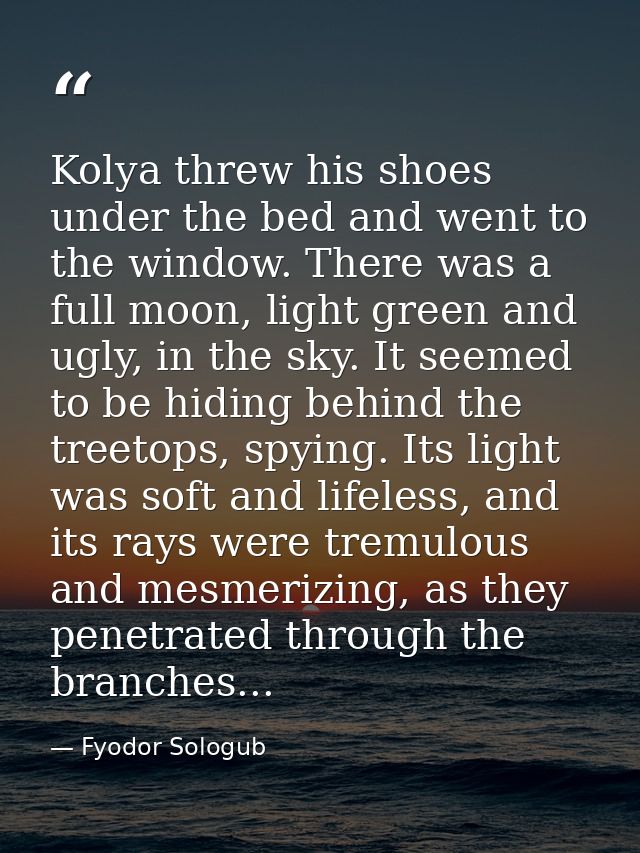 Kolya threw his shoes under the bed and went to the window. There was a full moon, light green and ugly, in the sky. It  — Fyodor Sologub