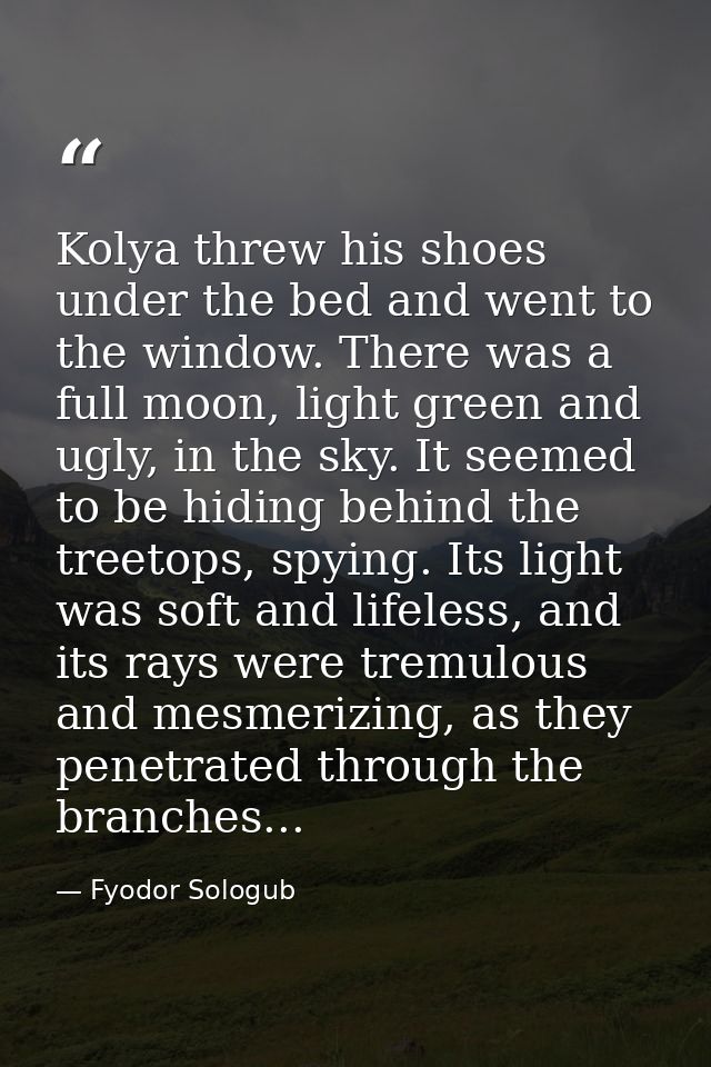 Kolya threw his shoes under the bed and went to the window. There was a full moon, light green and ugly, in the sky. It  — Fyodor Sologub