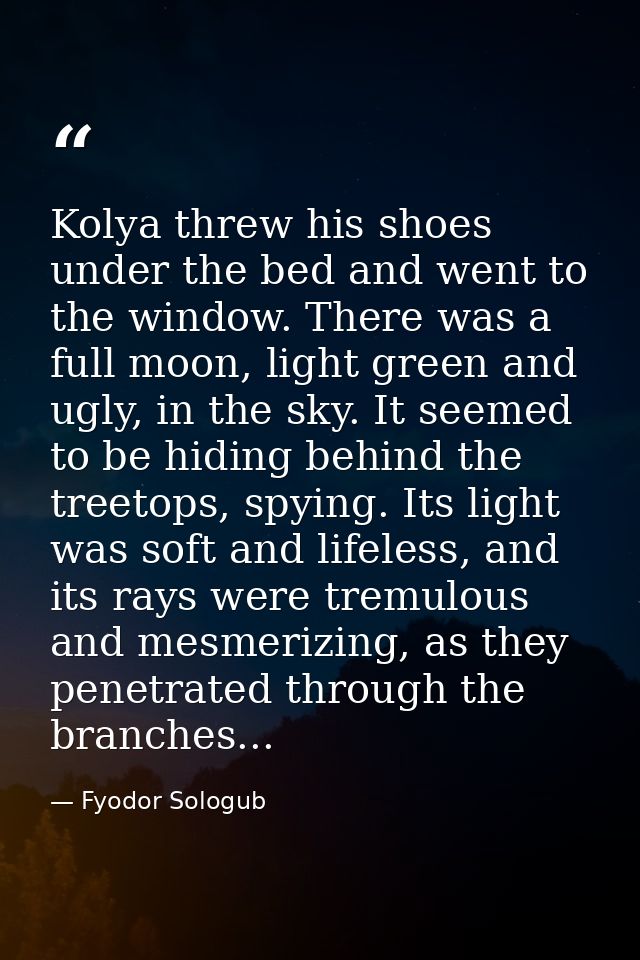 Kolya threw his shoes under the bed and went to the window. There was a full moon, light green and ugly, in the sky. It  — Fyodor Sologub